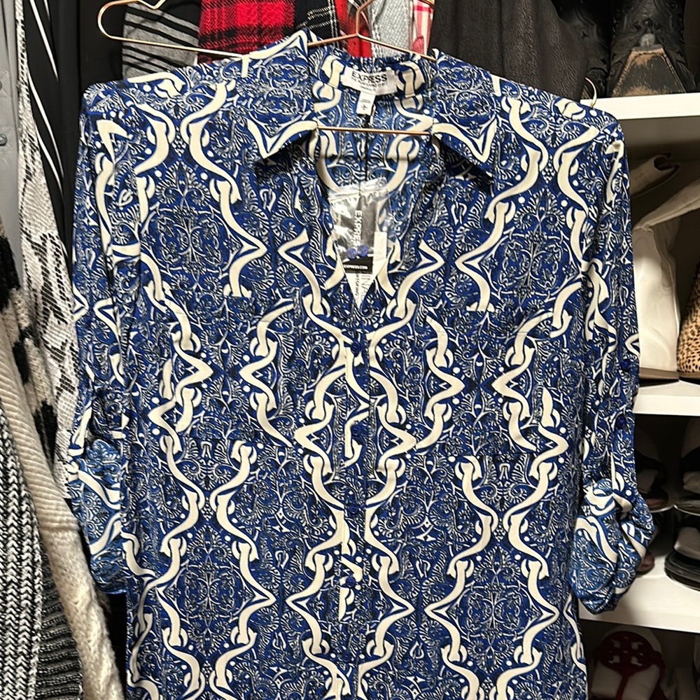 Express Blue and White Patterned Blouse